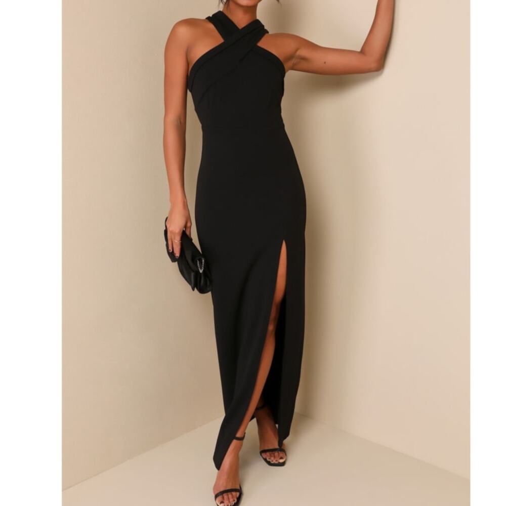 NEW Lulus Head to Cocktail Hour Black Halter Neck Open Back Maxi Dress Small